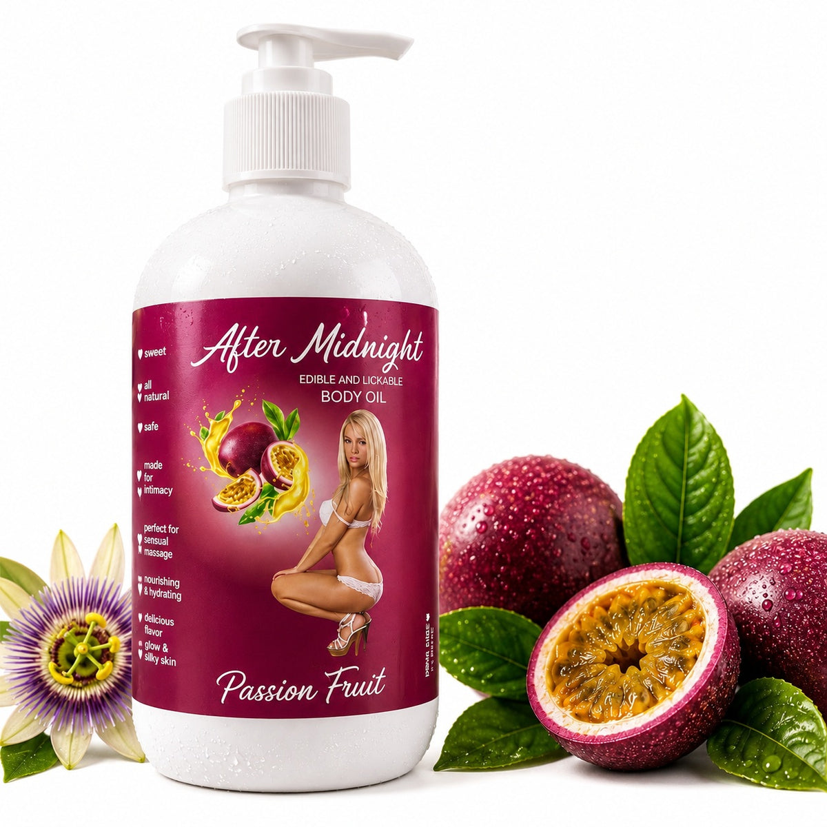 Latherly After Midnight edible body oil set with passion fruit, watermelon, and strawberry flavors, featuring lathering massage oils.