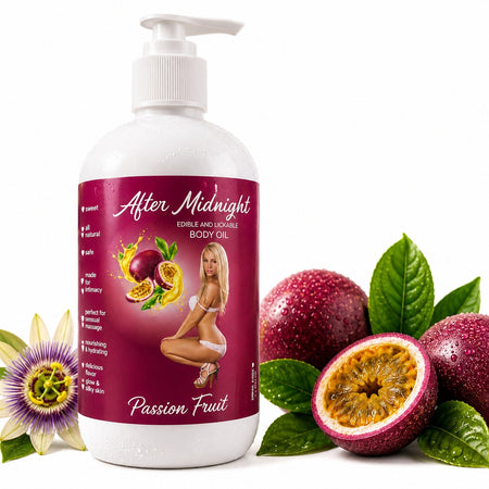 Latherly After Midnight edible body oil set with passion fruit, watermelon, and strawberry flavors, featuring lathering massage oils.