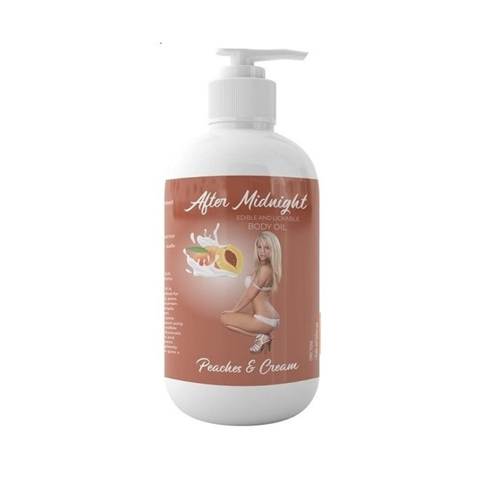 Latherly After Midnight Peaches & Cream edible massage oil in a 250ml bottle, featuring a creamy peach scent and smooth texture.