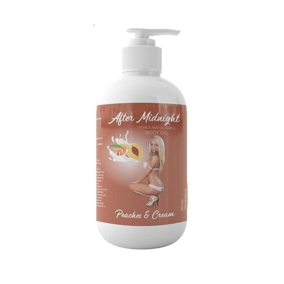 Latherly After Midnight Peaches & Cream edible massage oil in a 250ml bottle, featuring a creamy peach scent and smooth texture.