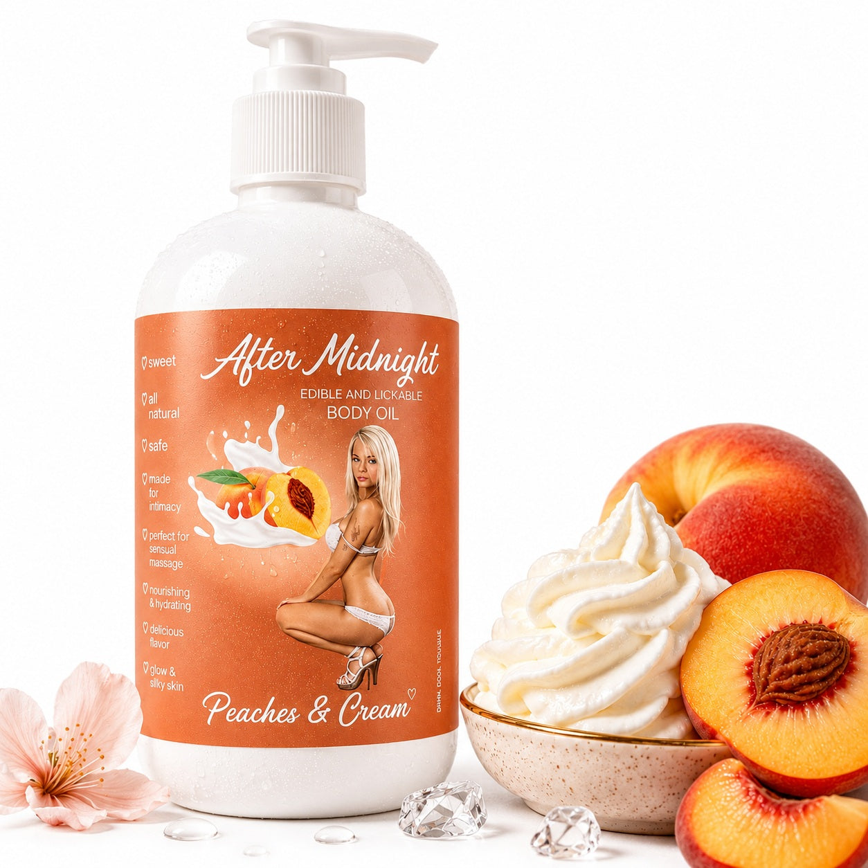 Latherly After Midnight Peaches & Cream edible lickable body oil in 250ml bottle, with peach and cream flavor packaging.