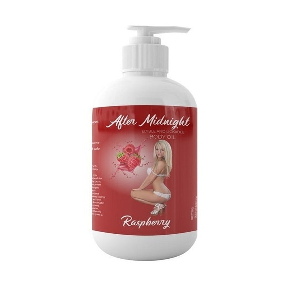 Latherly After Midnight raspberry edible and lickable body oil in a 250ml bottle with fresh raspberry imagery.