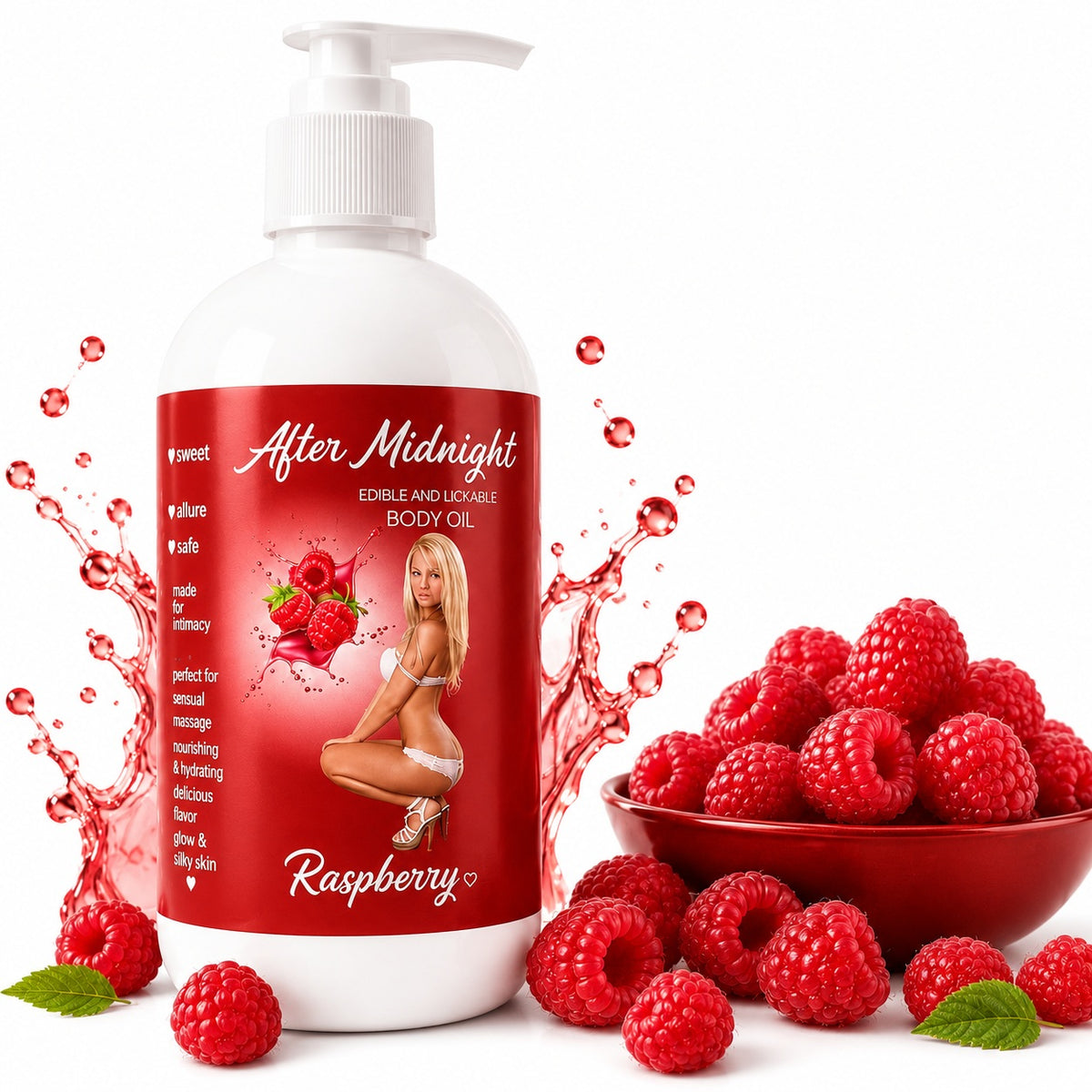 Latherly After Midnight edible body oil 3-pack with raspberry, chocolate, and strawberry flavors, featuring glossy bottles on a white background.