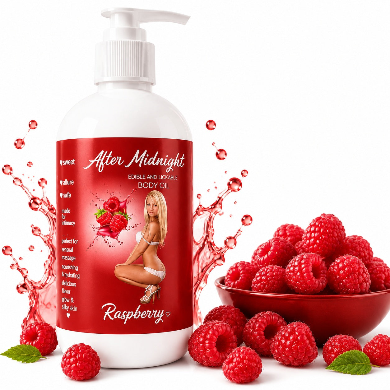 Latherly After Midnight edible body oil 3-pack with raspberry, chocolate, and strawberry flavors, featuring glossy bottles on a white background.