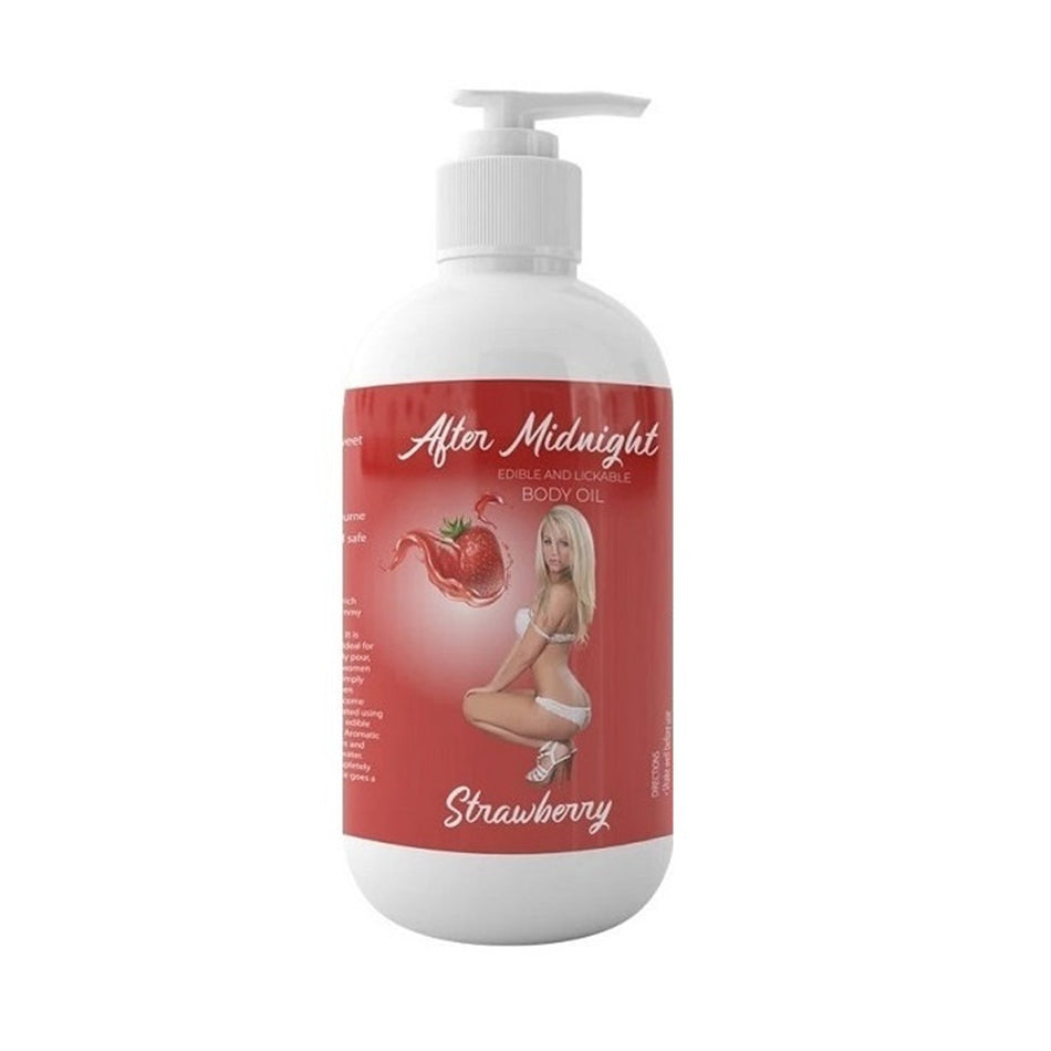 Latherly After Midnight strawberry edible and lickable body oil in a 250ml bottle, with fresh strawberries on the label.
