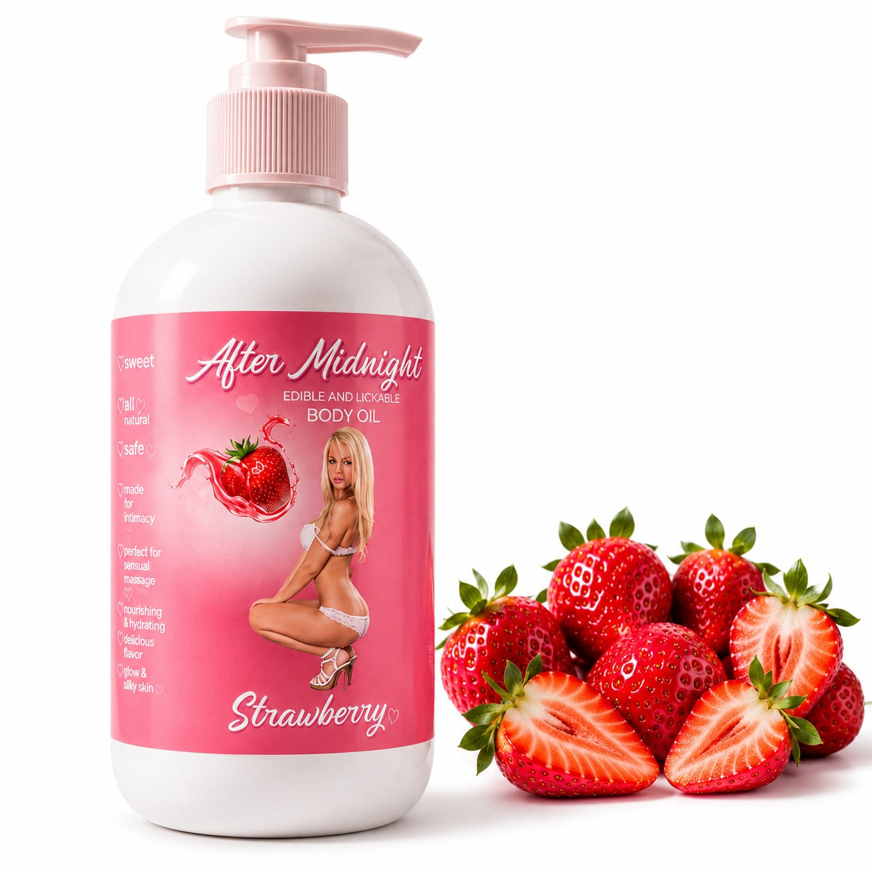 Latherly After Midnight edible latherly massage oil set with strawberry flavor, featuring sleek bottles with strawberry illustrations.