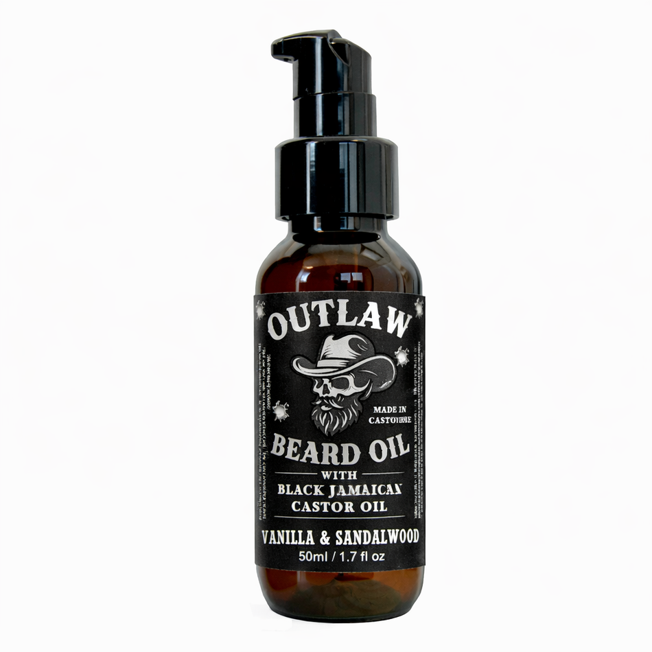 Latherly OutLaw Beard Oil in vanilla sandalwood scent, 50ml bottle with a dropper for grooming and beard care.