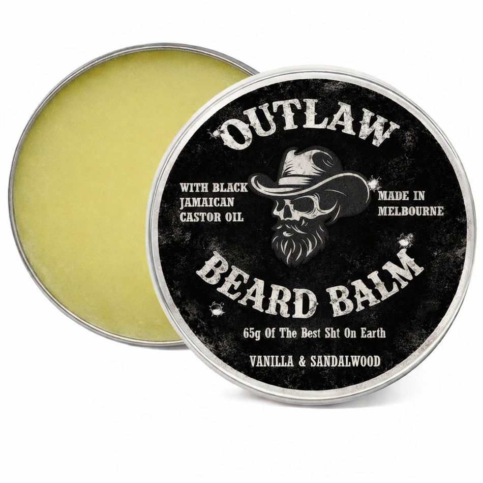 Latherly OutLaw Beard Balm in vanilla sandalwood scent, 65 grams, with a smooth balm texture and natural fragrance.