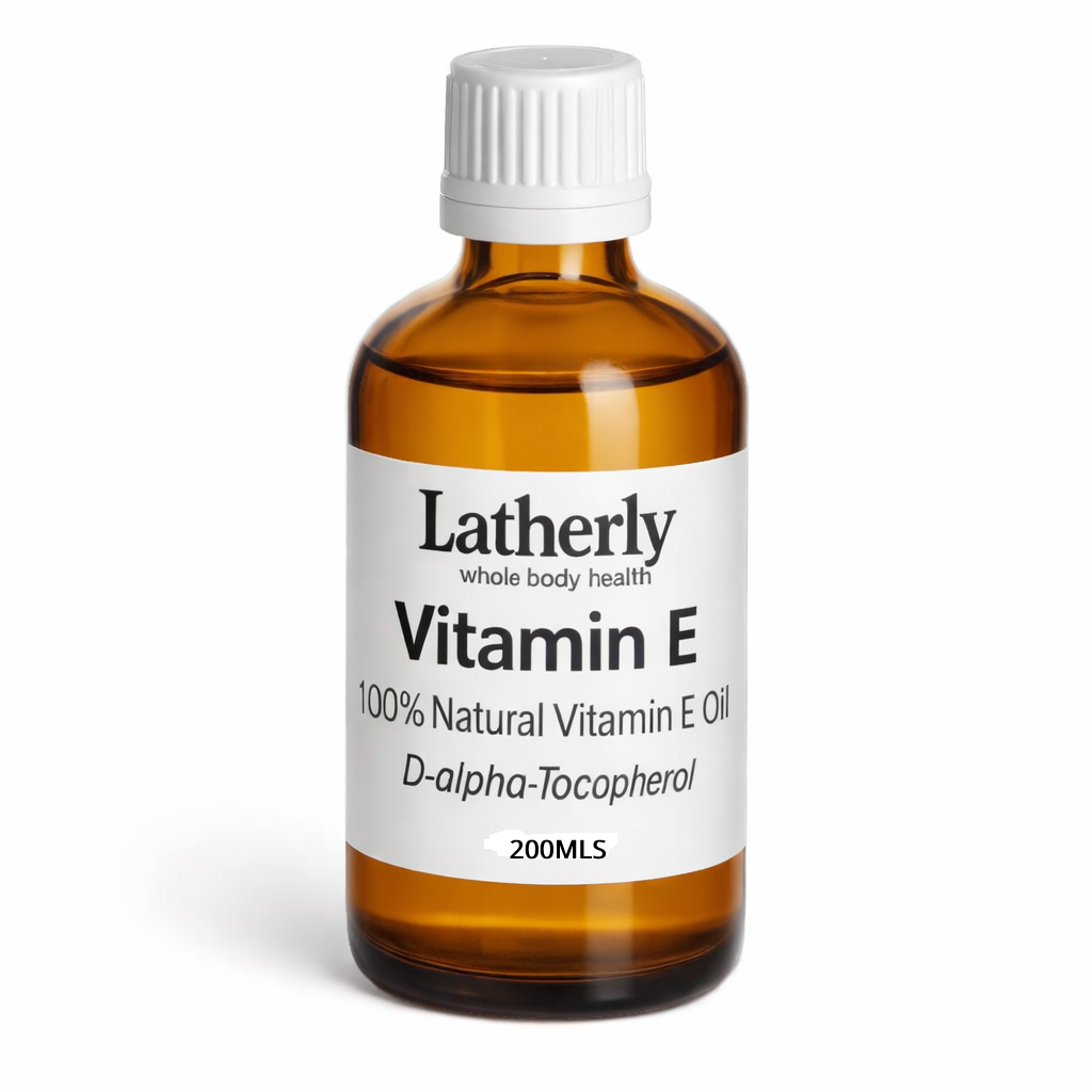 Latherly Premium 100% Vitamin E Oil in a 200 ml clear plastic bottle, designed for skin care use.
