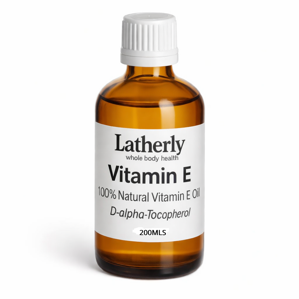Latherly Premium 100% Vitamin E Oil in a 200 ml clear plastic bottle, designed for skin care use.