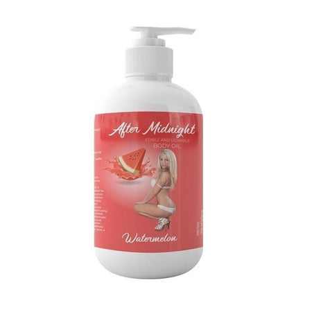 Latherly After Midnight Juicy Watermelon edible and lickable massage oil in a 250ml bottle, featuring vibrant watermelon imagery.
