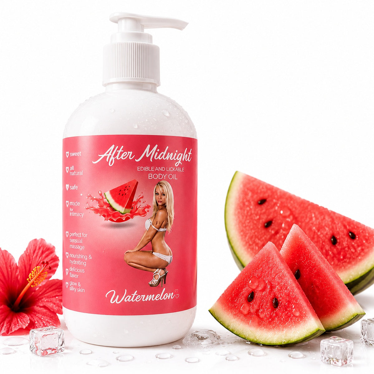 Latherly After Midnight edible body oil 3-pack with watermelon, passion fruit, and strawberry flavors, featuring lathering massage oil bottles.