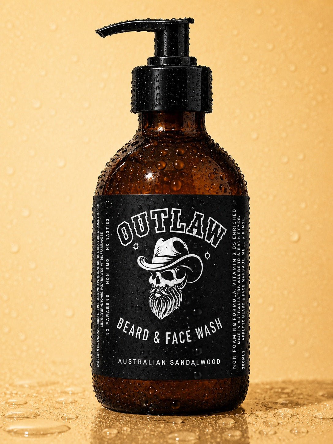 Brown bottle of Outlaw Beard & Face Wash with a pump on a beige background