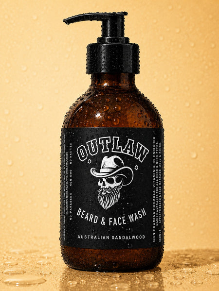 Brown bottle of Outlaw Beard & Face Wash with a pump on a beige background