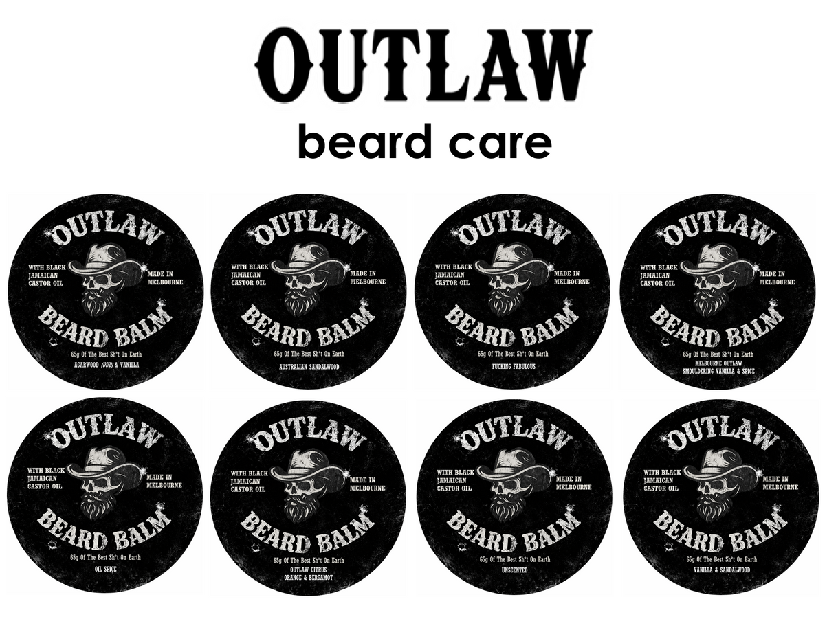 Multiple containers of Outlaw Beard Balm with branding on a white background