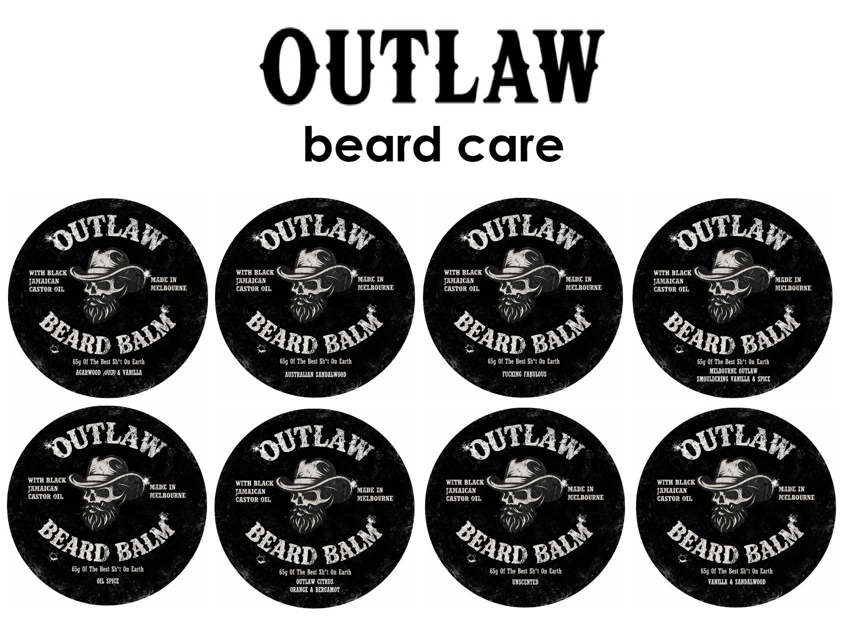 Multiple containers of Outlaw Beard Balm with branding on a white background