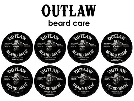 Multiple containers of Outlaw Beard Balm with branding on a white background