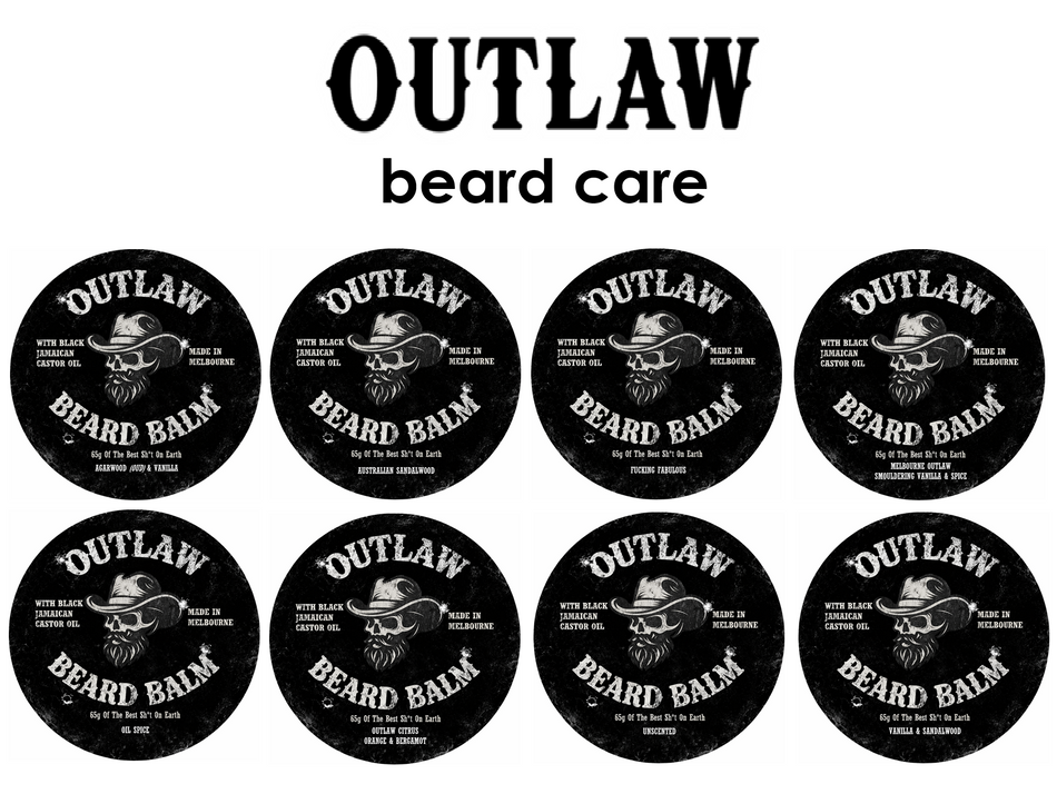 Multiple containers of Outlaw Beard Balm with branding on a white background