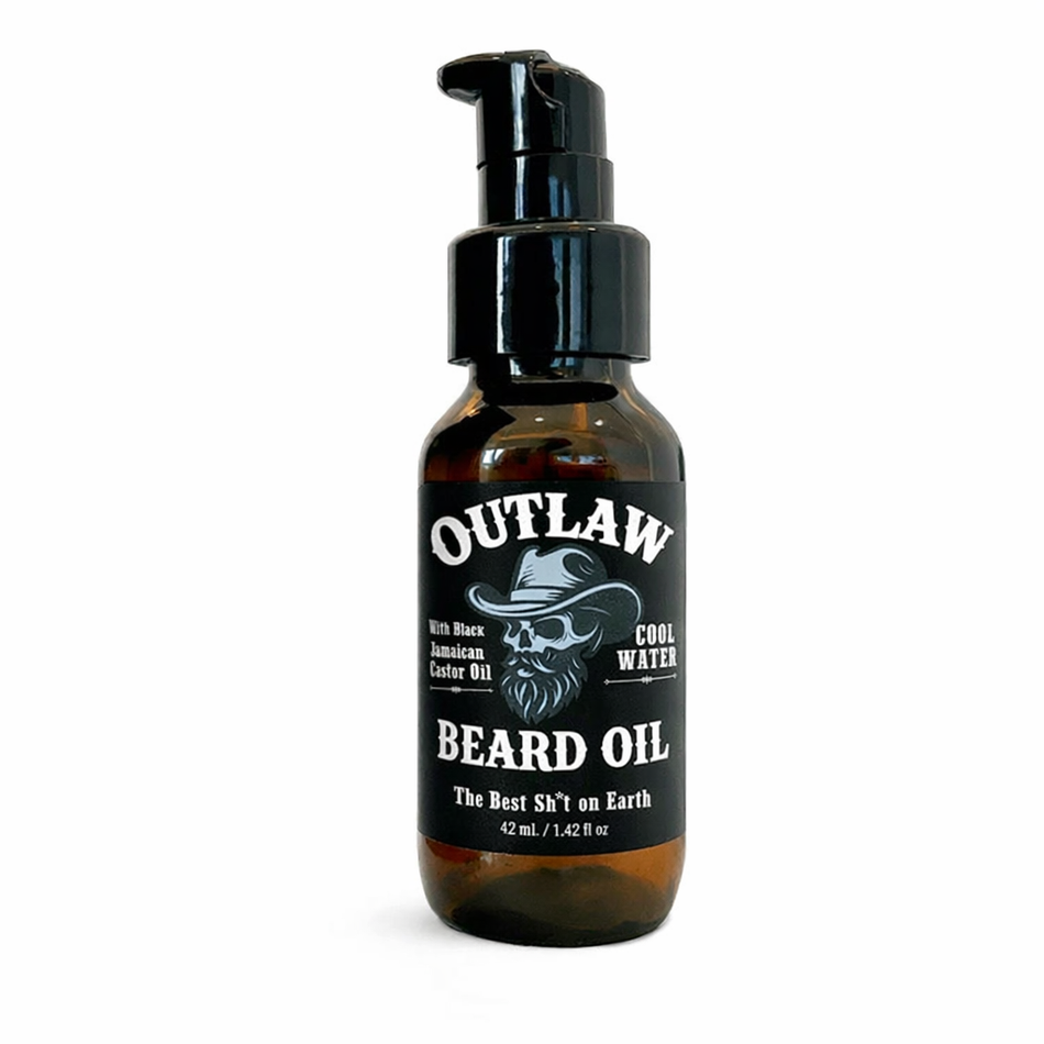 Latherly OutLaw beard grooming oil with black Jamaican castor oil and cool water scent, in a clear bottle with black cap.