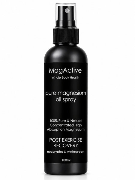 Latherly magnesium oil topical spray in 100ml travel size, used for post-exercise muscle recovery, shown in the image.