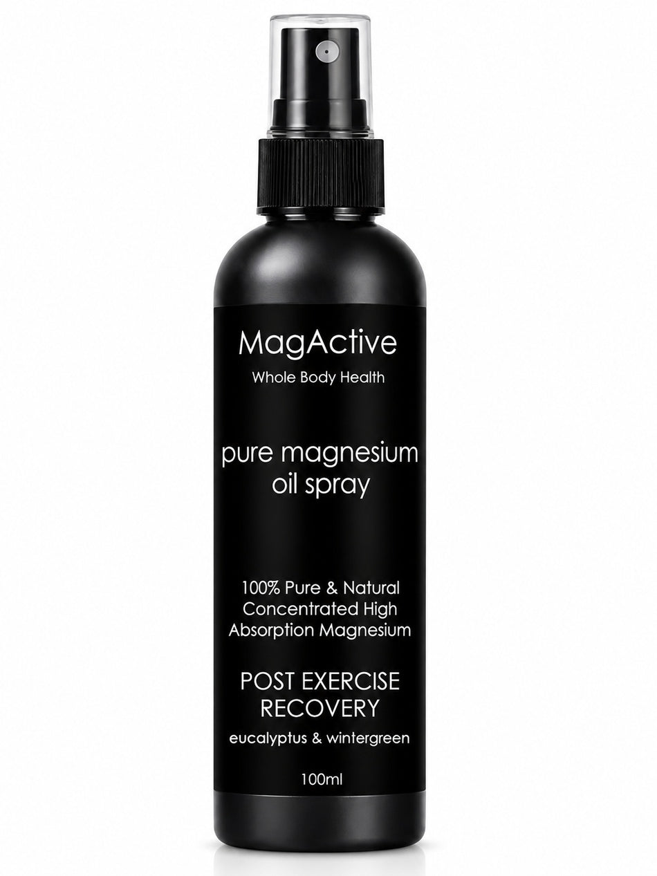 Latherly magnesium oil topical spray in 100ml travel size, used for post-exercise muscle recovery, shown in the image.