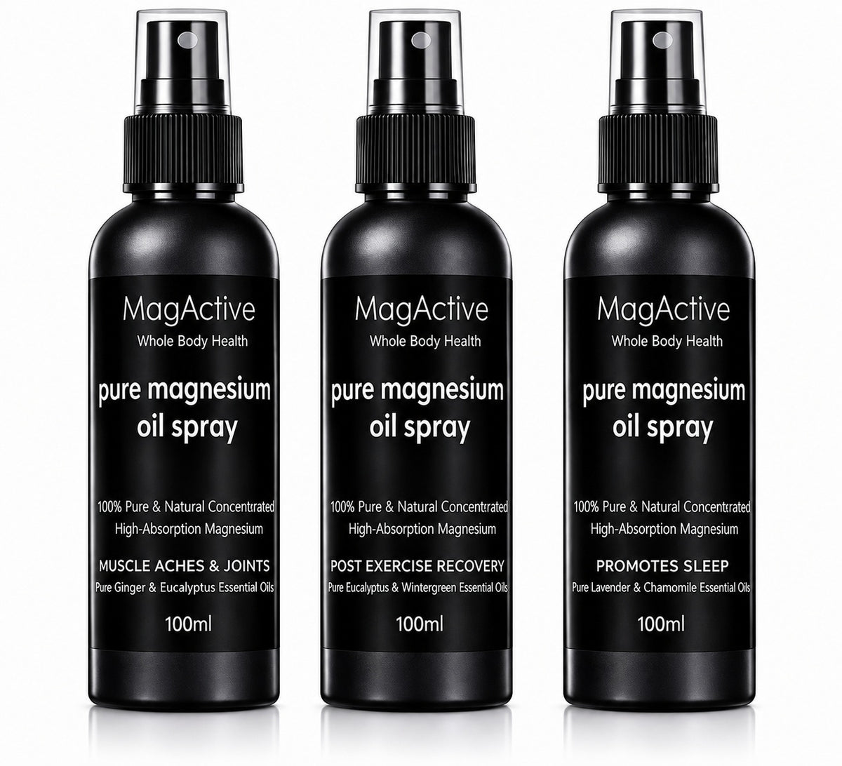 Latherly magnesium oil topical spray set of 3 travel size 100ml bottles for sleep, post-exercise recovery, muscles, and joints.