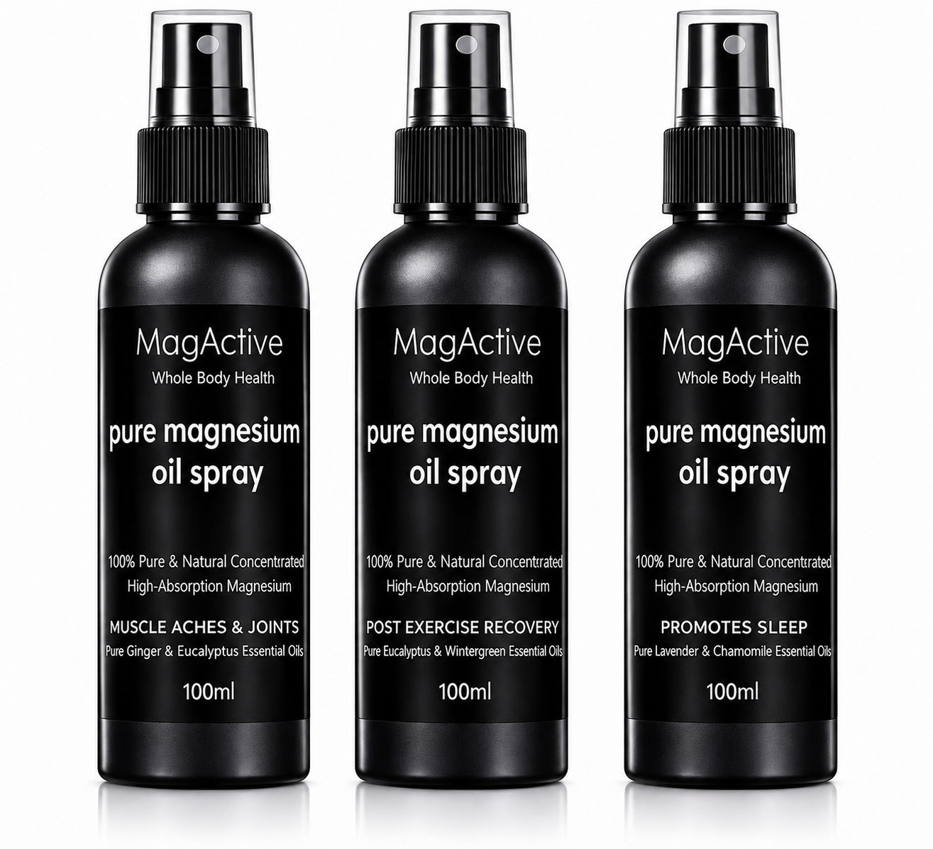 Latherly magnesium oil topical spray set of 3 travel size 100ml bottles for sleep, post-exercise recovery, muscles, and joints.
