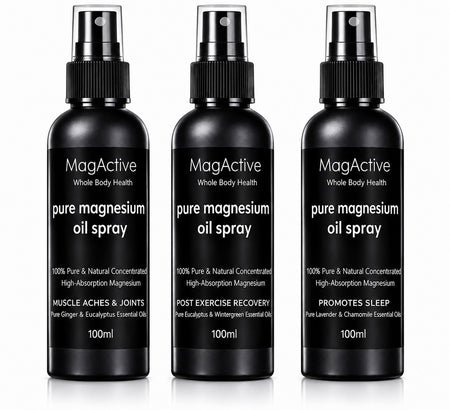 Latherly magnesium oil topical spray set of 3 travel size 100ml bottles for sleep, post-exercise recovery, muscles, and joints.