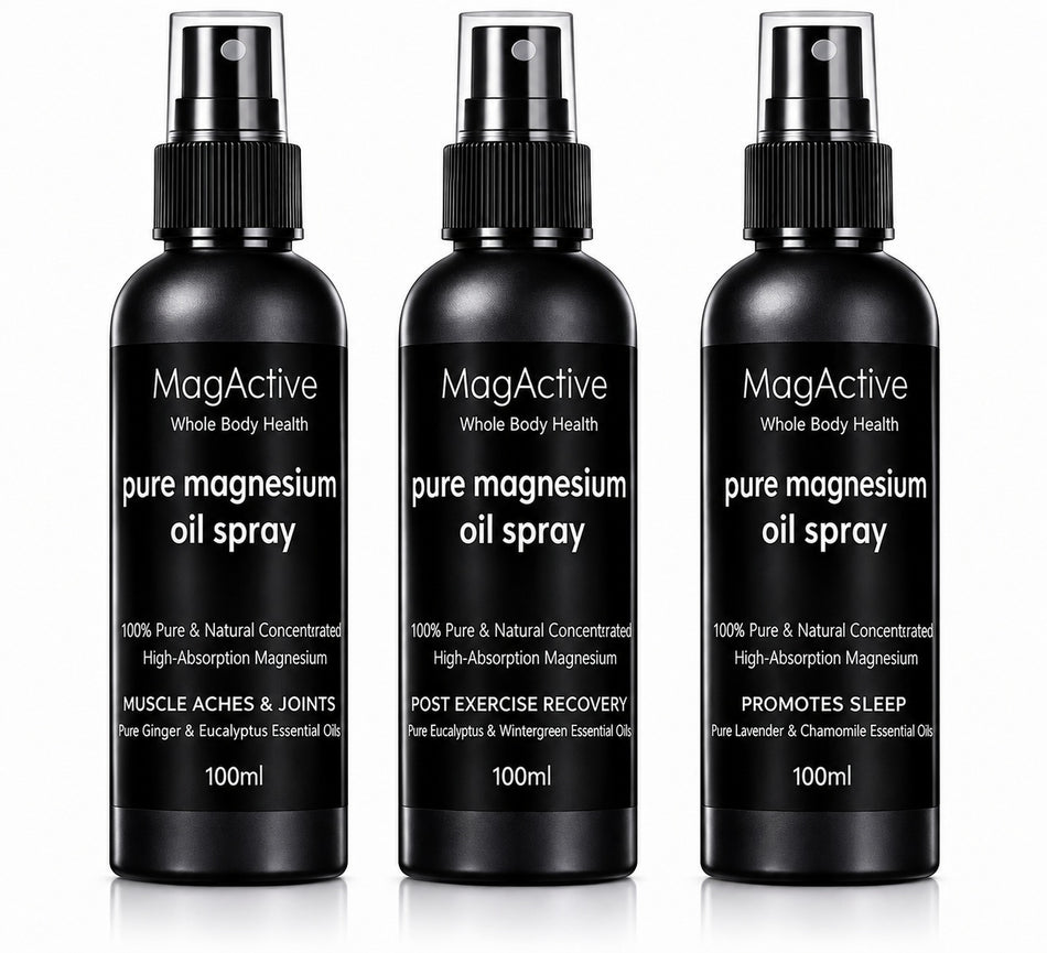 Latherly magnesium oil topical spray set of 3 travel size 100ml bottles for sleep, post-exercise recovery, muscles, and joints.