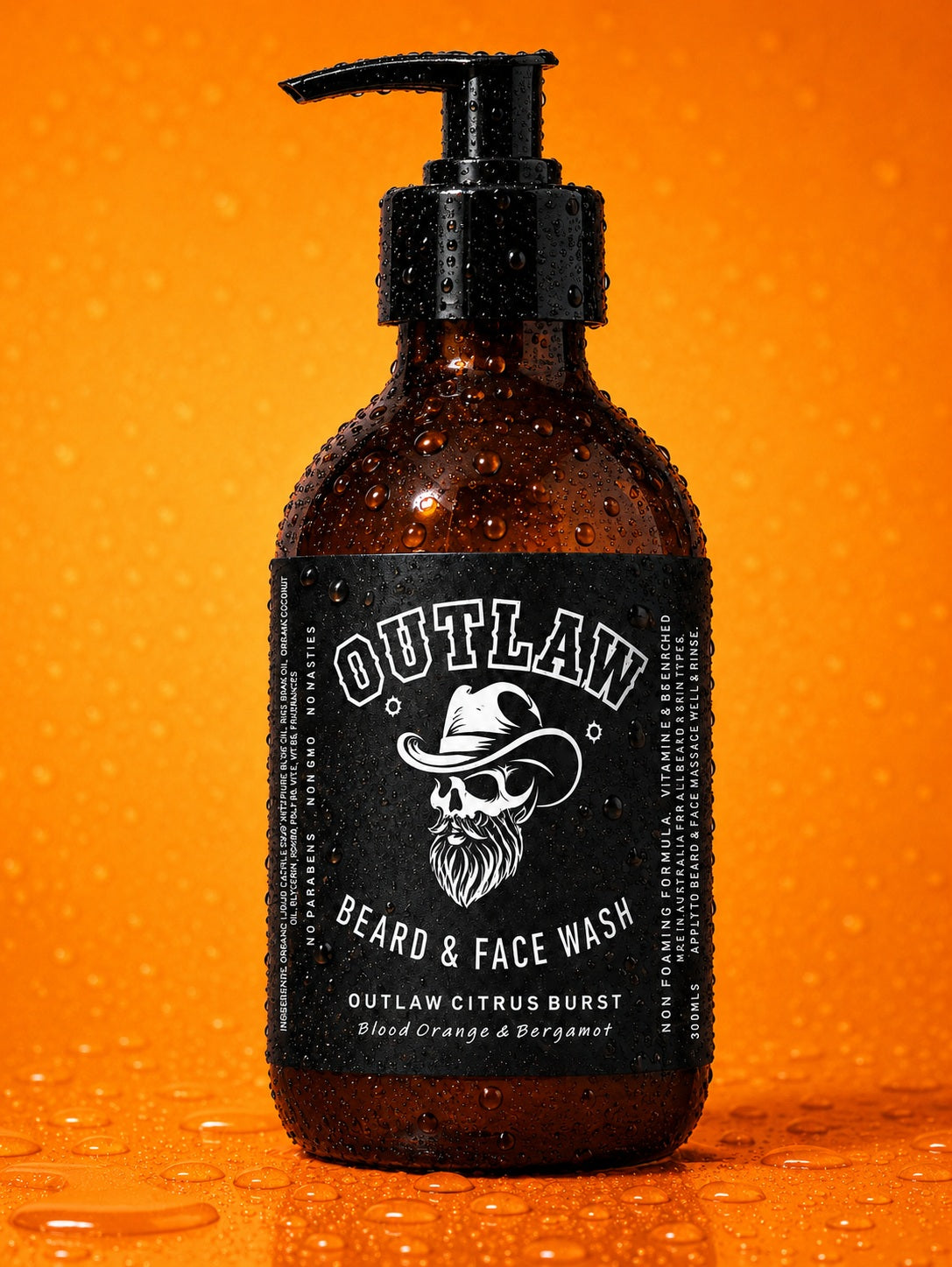 Bottle of Outlaw Beard & Face Wash on an orange background