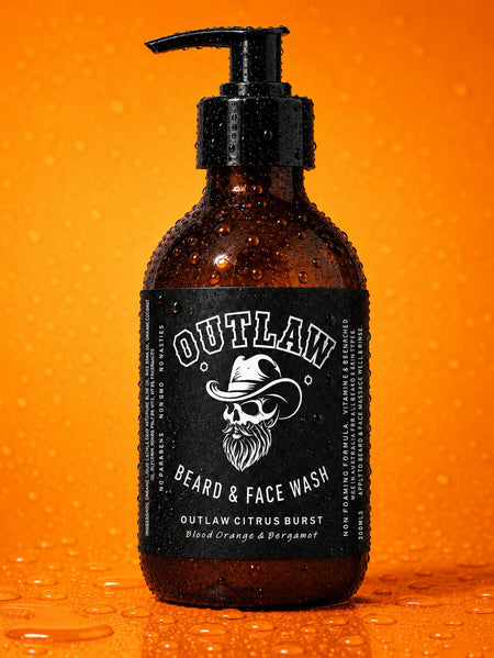 Bottle of Outlaw Beard & Face Wash on an orange background