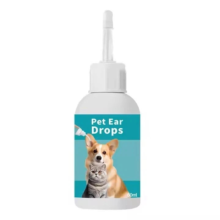 Latherly ear drops for cats and dogs showing a bottle and a pet's ear, designed to relieve mites, itching, odor, and irritation.
