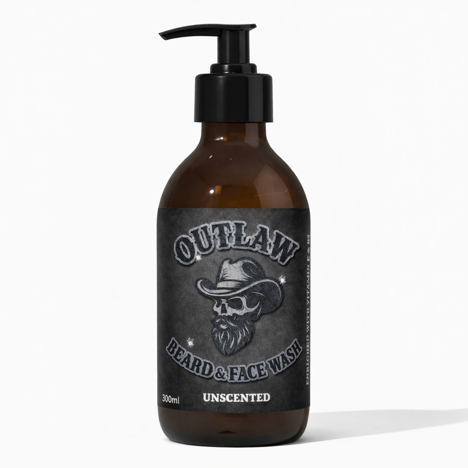 Latherly Outlaw Beard Wash 300ml bottle, unscented, with natural ingredients and soft finish for deep cleaning of beards.